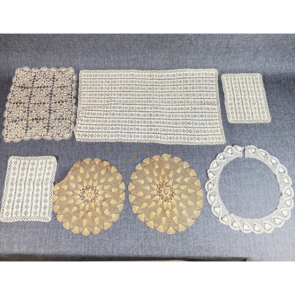 Vintage Handmade Crochet Lace Doily Set 7pc Cream Tan Floral Geometric